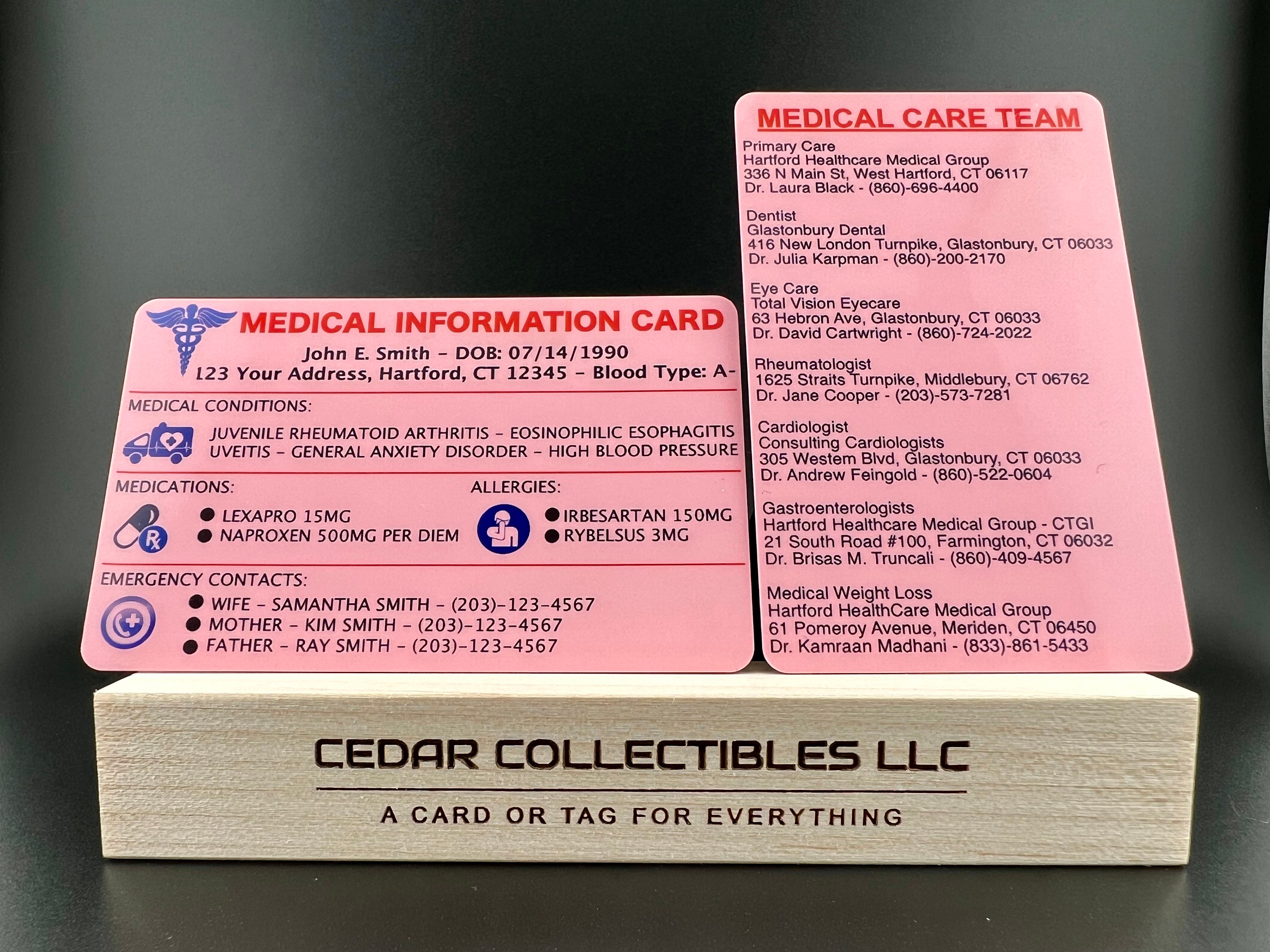 Pink MEDICAL ID CARD for Your Wallet Credit Card Size CR80 30 Mil Card