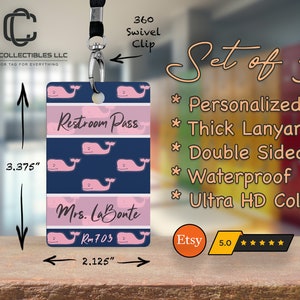 Set of 5 Hall Pass Student Pass Restroom Passes Teacher Hallway Passes WHALE Hall Pass Hanger Bathroom Pass for School with Lanyard #178