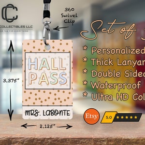 Boho Vibes Theme Classroom Hall Passes for Teachers, PersonalizeD Set of 5 Teacher Gift With Lanyards Classroom Decor #126