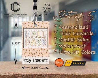 Personalized Boho Hall Passes for Teachers: Set of 5 with Lanyards #126