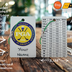May include: A white luggage tag with a green loop and a silver clasp. The tag features the PGA logo and space for personalization. It measures 3.375 inches high and 2.125 inches wide. Includes a golf club distance chart.