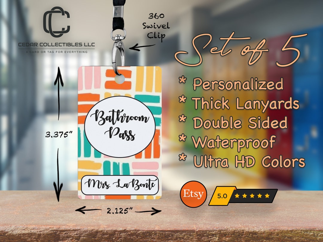 Set of 5 Hall Pass Student Pass Restroom Passes Teacher Hallway Passes ...