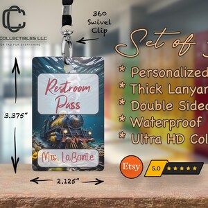 Set of 5 Hall Pass Student Pass Restroom Passes Teacher Hallway Passes SEA TRAIN Hall Pass Hanger Bathroom Pass for School with Lanyard #189
