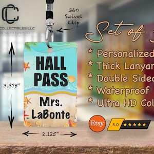 Hall Pass Student Pass Restroom Passes Teacher Hallway PVC Passes BEACH Hall Pass Hanger Bathroom Pass for School with Lanyard Set of 5 #130