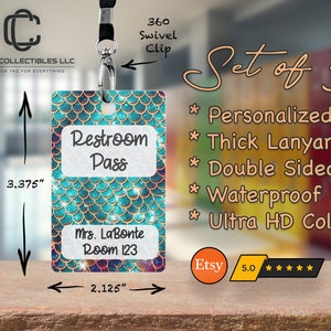 Under The Sea Mermaid Hall Pass Student Pass Restroom Passes Teacher Hallway Passes Hall Pass Bathroom for School with Lanyard Set of 5 #560