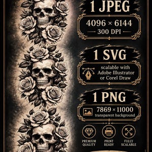 Könnte beinhalten: Ein digitaler Download mit drei vertikalen Illustrationen von menschlichen Schädeln, umgeben von blühenden Rosen im Sepia-Stil. Das Bild enthält technische Spezifikationen für eine JPEG-, eine SVG- und eine PNG-Datei sowie Textbeschriftungen, die auf hohe Qualität, Druckbereitschaft und vollständige Skalierbarkeit hinweisen.