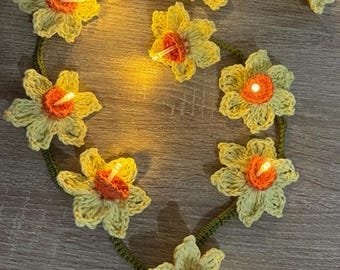 Crochet Pattern | Crochet Daffodil Fairy Lights Garland Pattern | Easter Spring Decor (PDF Download)