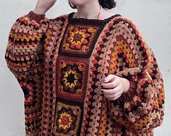 Autumn Vibes Oversized Crochet Jumper Pattern featuring beautiful African Flowers