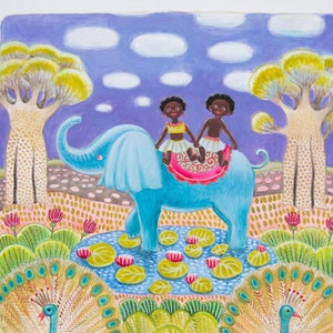 Niños felices y un elefante. Acrílico sobre cartón. Pintura decorativa y positiva. Regalo perfecto. Decoración para habitación infantil. Buen humor.