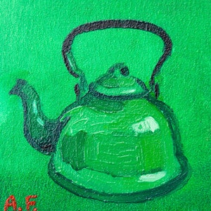 Tetera verde. Pintura al óleo sobre cartón. 10 x 10 cm. Cuadro para el interior de la cocina, cafetería, etc. Decoración. Cuadro en miniatura. Arte original