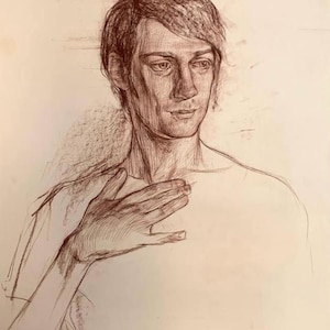 Portrait of a Young Man - Sanguine Drawing, 59x50 cm - Fine Art.  Original artwork. Ukrainian artist. Signed by artist.