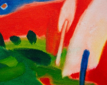 May include: Abstract painting with a vibrant color palette. The artwork features bold strokes of red, green, and blue, with white and orange accents. The canvas texture is visible, adding depth to the composition.
