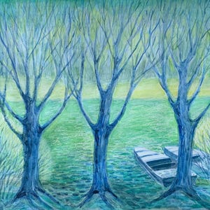 Paesaggio con tre alberi 41x32 cm, acquerello su carta. 2024. Firmato dall'artista. Opera originale. Tecnica mista. Moderna opera d'arte murale. 2024