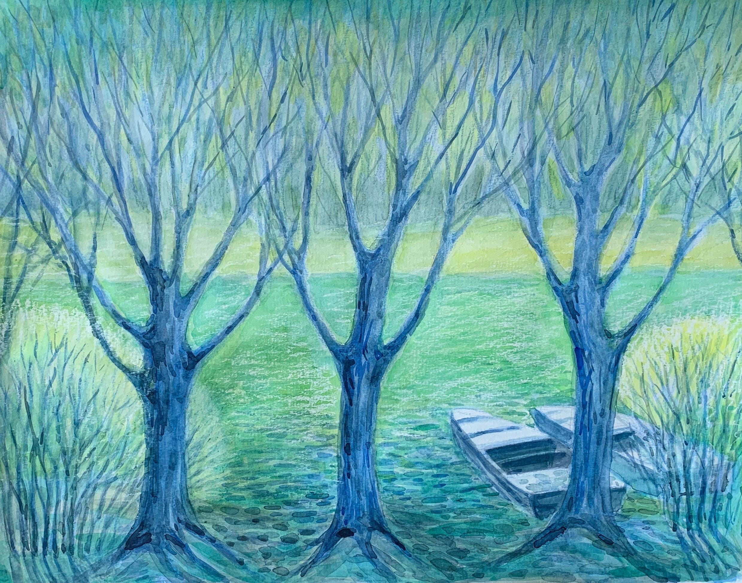 3本の樹木を描いた風景画（41×32cm）。水彩画（紙）。2024年。作家の