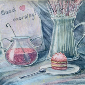 Natura morta con bicchieri e torta. Buongiorno dipinto. 32 x 38 cm. Acquerello, pastello a cera su carta. Tecnica mista. Opera originale 2024