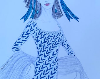 Croquis d'une fille fashion. 29,7 x 42 cm (A3). Crayon, marqueurs sur papier. Sans cadre. Oeuvres d'art originales
