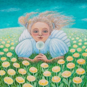 Happy sunny day. Acrylic painting on stretched canvas 45x45 cm. Original artwork. Girl in  field with dandelions. Wall decor for kids room