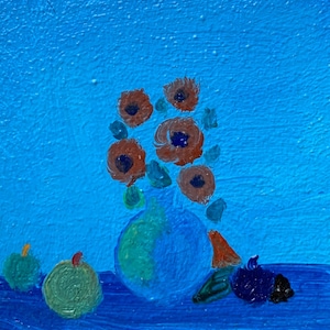 Cuadro al óleo muy bonito. 5 x 5 cm. Flores con frutas para crear ambiente y vibra. Óleo sobre cartón. Arte pequeño y dulce. Buena vibra. Cuadro adorable.