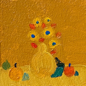 Preciosa pintura al óleo. 5 x 5 cm. Flores con frutas para crear ambiente y vibra. Óleo sobre cartón. Una obra de arte encantadora. Buena vibra. Una pintura adorable.
