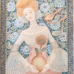 Ritratto di donna con fiore e uccello. Acquerello, tecnica mista su carta. Arte originale. Stile mosaico. Firmato dall'artista.Boho