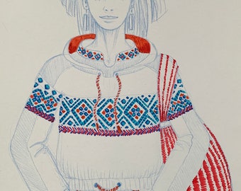 Schets van mode meisje. 29,7x42 cm (A3). Potlood, stiften op papier. Niet ingelijst. Originele kunst