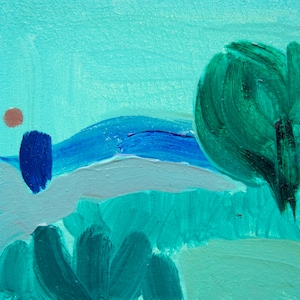 Orilla del mar. Paisaje abstracto. Pequeño cuadro al óleo de 10 x 10 cm. Firmado por el artista. Decoración para el hogar. Preciosa imagen en positivo.