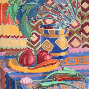 Dipinto di natura morta dai colori vivaci / Opera originale a guazzo su carta / Arte murale moderna / 46 x 55 cm / Senza cornice. Pezzo unico.