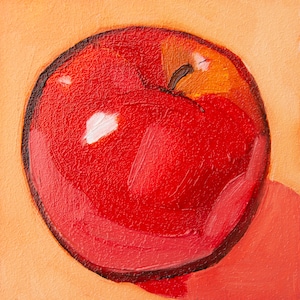 Estudio de manzana roja. Pintura al óleo en miniatura sobre cartón. Firmado por el artista. Joven artista. Pintura para la decoración de tu hogar, cocina, cafetería, etc.