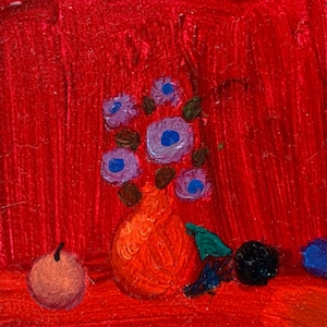 Cuadro al óleo muy bonito. 5 x 5 cm. Flores con frutas para crear ambiente y vibra. Óleo sobre cartón. Arte pequeño y dulce. Buena vibra. Cuadro adorable.