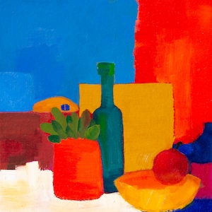 Naturaleza muerta con botella 40 x 40 cm. Pintura al óleo sobre cartón. Obra original. Hecha a mano. Firmada por el artista. Cuadro colorido para regalar.