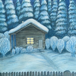 Paesaggio invernale con casa nella foresta 41х31 cm, dipinto a pastello a olio su carta. 2024. Firmato dall'artista. Opera originale.