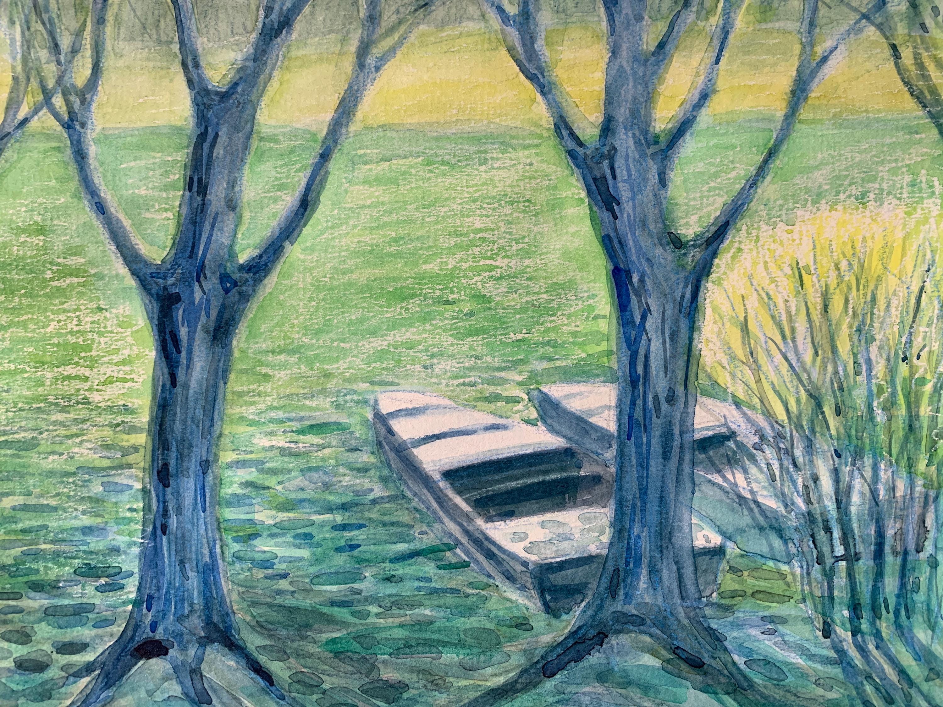 3本の樹木を描いた風景画（41×32cm）。水彩画（紙）。2024年。作家の