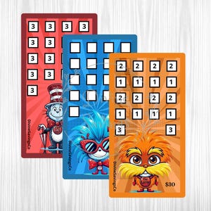 May include: Three colorful cards featuring Dr. Seuss characters. The red card has the Cat in the Hat, the blue card has a character with blue hair and sunglasses, and the orange card has the Lorax. Each card has a grid of numbers.