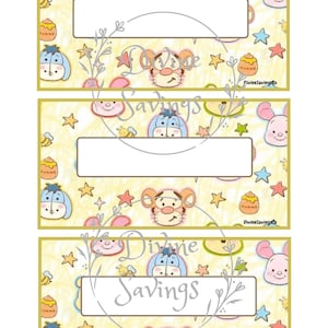 May include: Three rectangular labels with a yellow background and a repeating pattern of cartoon characters, stars, and honey pots. Each label has a white rectangular space for text and the words "Divine Savings" in the center.