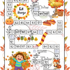 Puede incluir: Un tablero de juego colorido con temática otoñal. El tablero presenta un camino con diferentes cantidades de dólares, un hongo, una calabaza, un pastel y un zorro. El juego se llama "Divine Savings".