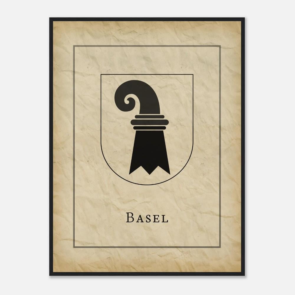 Coat of arms of Basel, Switzerland on old paper - Poster with wooden frame  or unframed - Wall picture kitchen bedroom vintage, image size:1000x1000