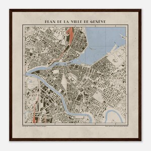 Peut inclure: Une carte vintage encadrée de Genève, Suisse, intitulée "PLAN DE LA VILLE DE GENÈVE". La carte présente un plan de rues détaillé en marron et noir, avec du bleu représentant le lac et les rivières. Des zones rouges mettent en évidence des zones spécifiques.