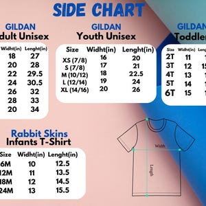 May include: A size chart for Gildan t-shirts in adult unisex, youth unisex, and toddler sizes. The chart shows the width and length in inches for each size. A diagram of a t-shirt shows the width and length measurements.