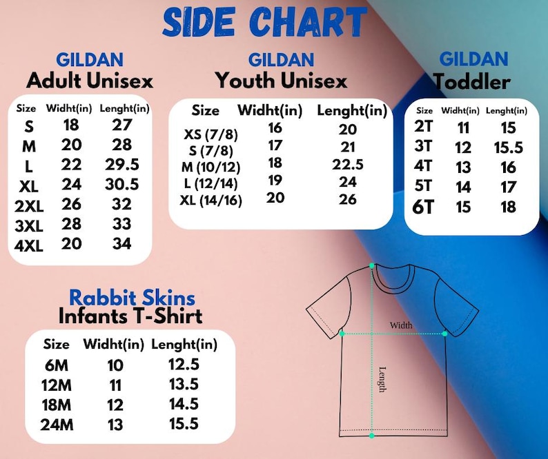 May include: A size chart for Gildan t-shirts in adult unisex, youth unisex, and toddler sizes. The chart shows the width and length in inches for each size. A diagram of a t-shirt shows the width and length measurements.