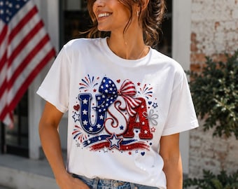 Patriotic USA Shirt | Fourth of July Shirt for Women | USA Bow Graphic Tee | American Flag Shirt | Cute Independence Day Tee
