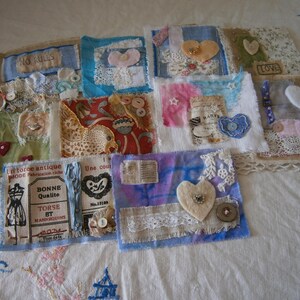 May include: A patchwork quilt made from a variety of fabrics, including lace, cotton and hessian. The quilt features a range of colours, including pink, blue, green and white. The quilt is decorated with various embellishments, including buttons, beads and ribbons. The quilt is a unique and handmade piece of art.