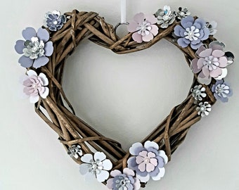 Flower wicker heart wreath, floral, home decor, handmade