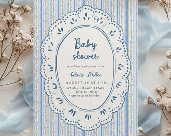 Invito per baby shower vintage per bambino / Invito modificabile per baby shower Grandmillennial floreale blu