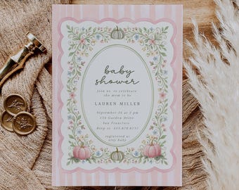 Redigerbar inbjudan för höstblommor, elegant pumpa, höstflicka, babyshowerinbjudan
