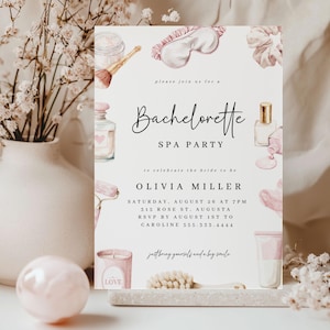 May include: A spa party invitation with a soft, feminine design. The invitation features watercolor illustrations of beauty products. The text reads "Bachelorette Spa Party" and includes event details. The invitation is in shades of pink and white.