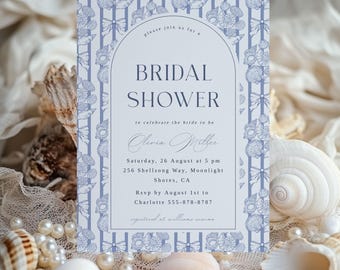 Coastal Bow  Seashells Bridal Shower Invitation: Editable Template