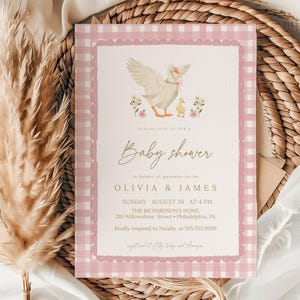 Little Goose is on the way Baby shower Invitation, Vintage Goose Gingham Baby, Mama Goose, Gosling Baby Invitation Editable Invite