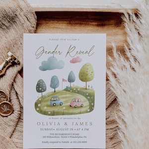 Golf Gender Reveal Invitation| Adorable Golf Gender Reveal Party Invite | Golf Cars boy or girl | Watercolor golf Partee Editable Invite