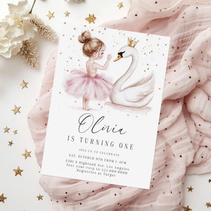 Convite para festa de aniversário de bailarina | Convite para o primeiro aniversário de bailarina | Tema de balé | Bailarina fofa e cisne | Editável | Download instantâneo