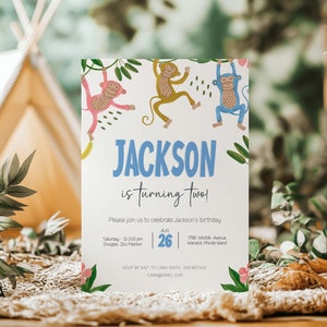 Monkey birthday Party  Invitation template |  Wild Party Birthday Invite |  Safari  Birthday Invite| Editable | Instant Download